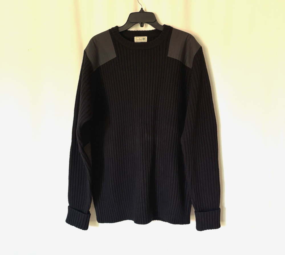 LL Bean Mens Sweater XL Wool Black Ribbed Patches Crew Neck